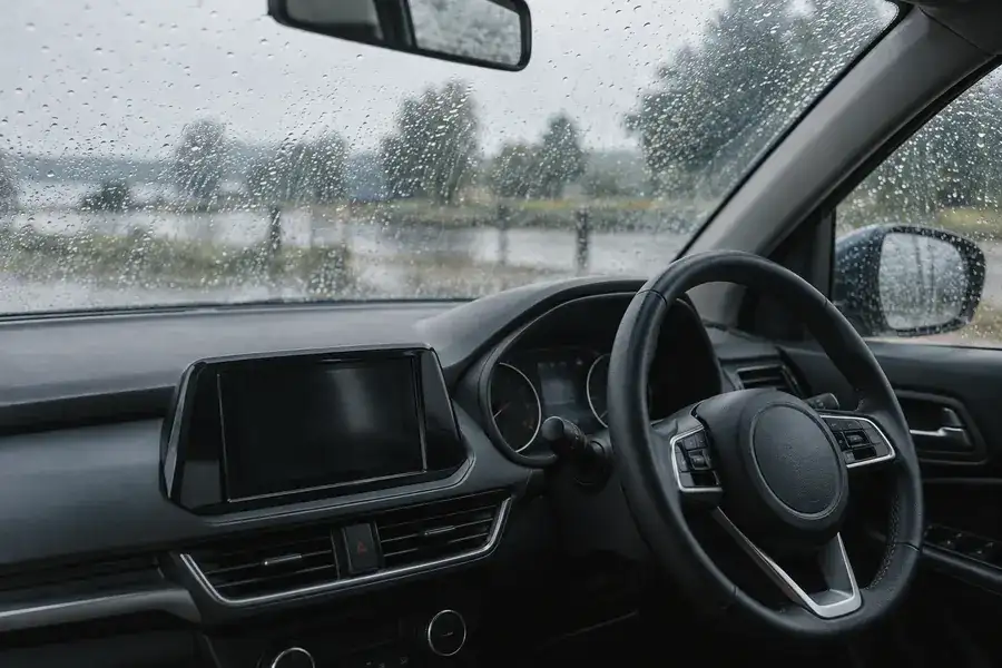 Dashboard and steering wheel of a car, seen from the driver’s side on a rainy day