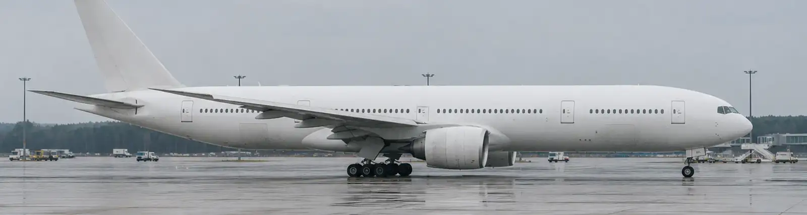 A wide-body passenger jet parked on a wet airport apron