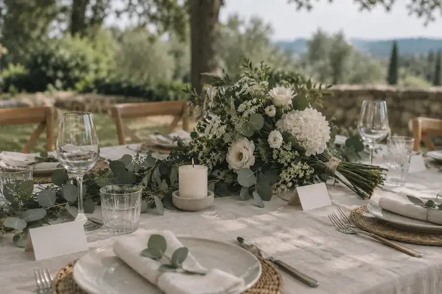 An outdoor wedding table set with plates, glasses, candles and a flower centrepiece