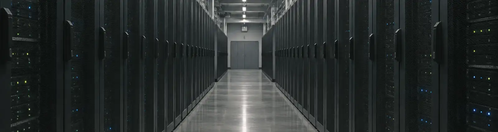 A long aisle between rows of server racks in a data centre