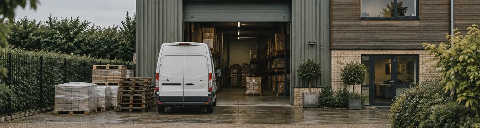 A white delivery van parked at the open loading door of a small warehouse