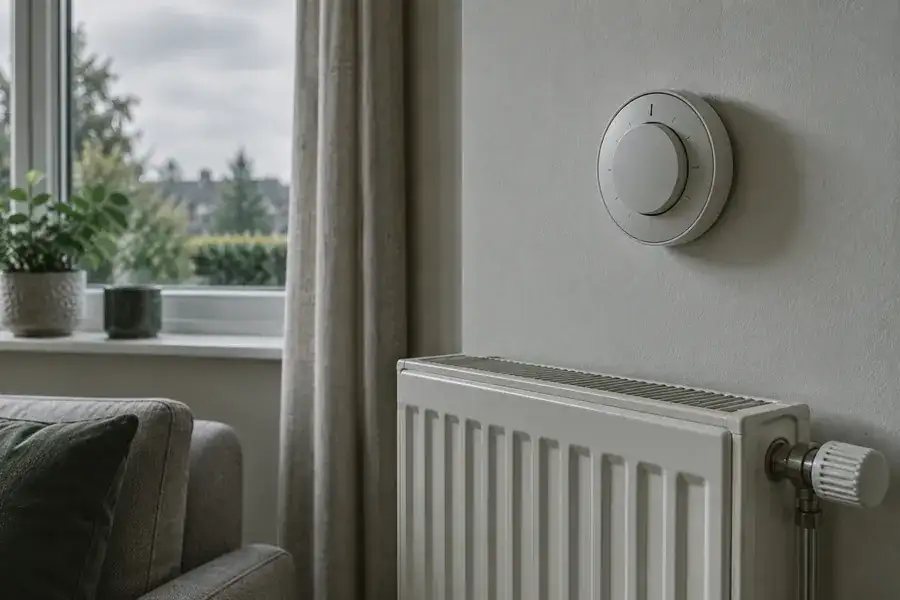A wall thermostat above a radiator by a living-room window